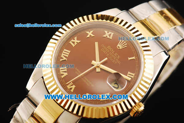 Rolex Datejust II Oyster Perpetual Automatic Movement Brown Dial with Gold Roman Numerals and Gold Bezel-Two Tone Strap - Click Image to Close